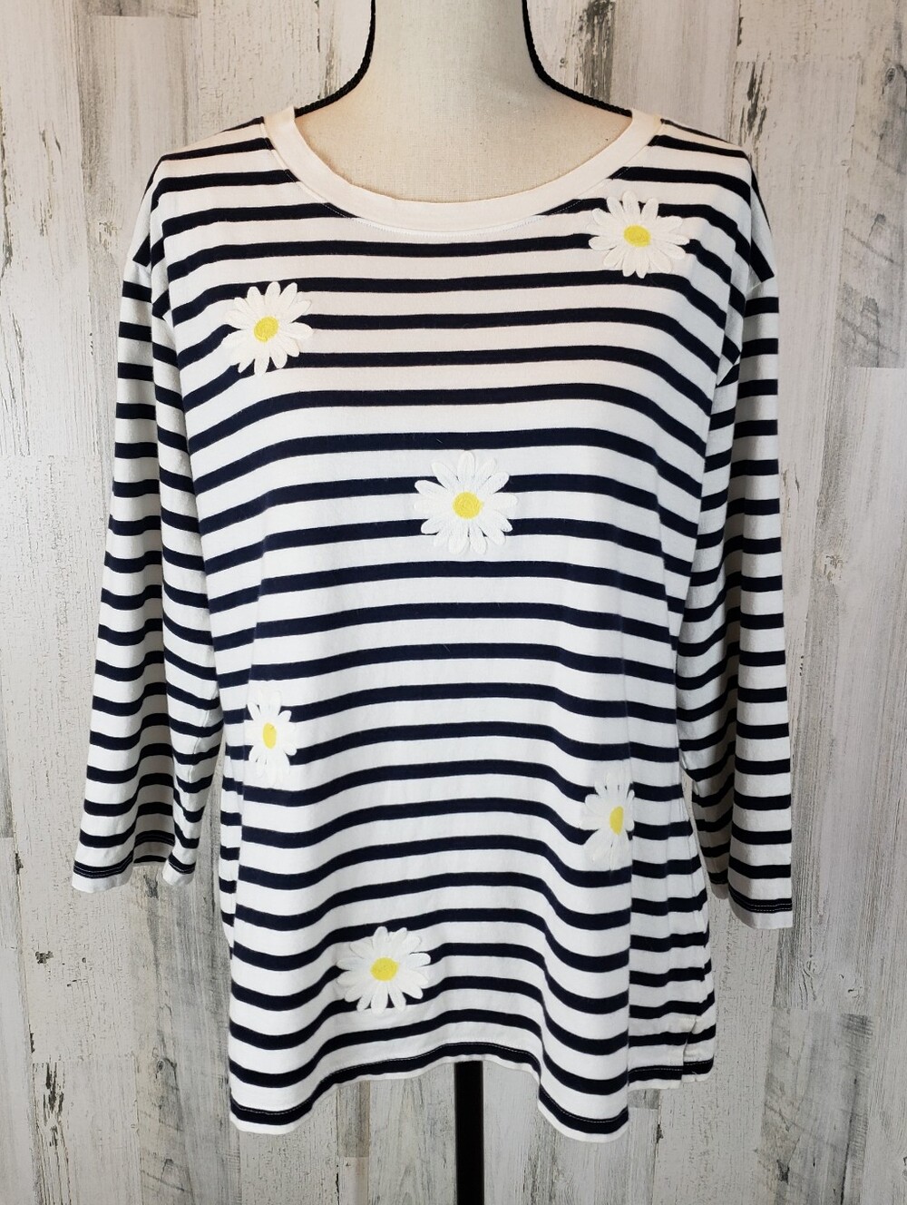 Talbots Striped Top with Daisy Embroidery Size XL